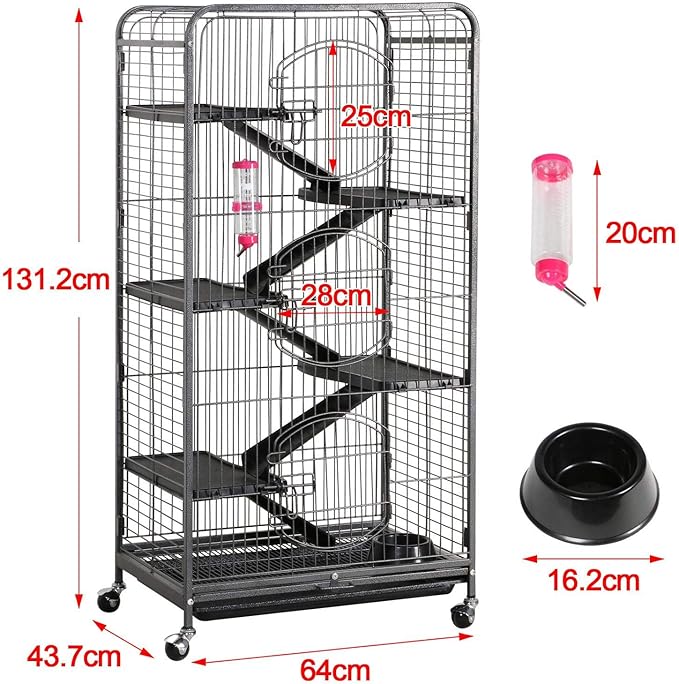 Yaheetech Knaagdierkooi 64 x 43,8 x 131,6 cm - Zwart - Verrijdbare Kooi voor Ratten, Fretten, Chinchilla's en Konijnen