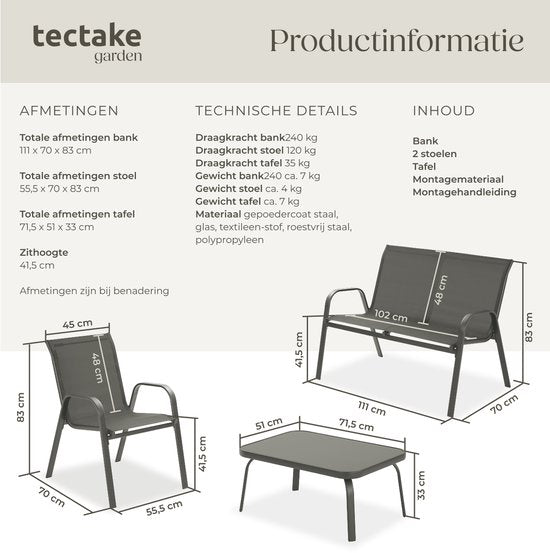 tectake® Tuinset Nora - Moderne Zitgroep voor 4 Personen - Loungeset met Tuinbank en 2 Tuinstoelen van Ademend, Waterafstotend Textileen-Weefsel - Balkonset Met Bijzettafel - Luxe Tuinmeubelset - Antraciet