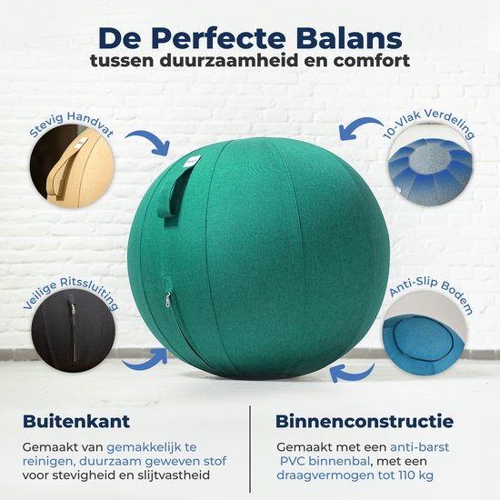 Backerz Zitbal 65 CM - Zitballen met Hoes Linnen - Ergonomische Bureaustoel Kantoor en Thuis - Luxe Yoga Bal - Groen