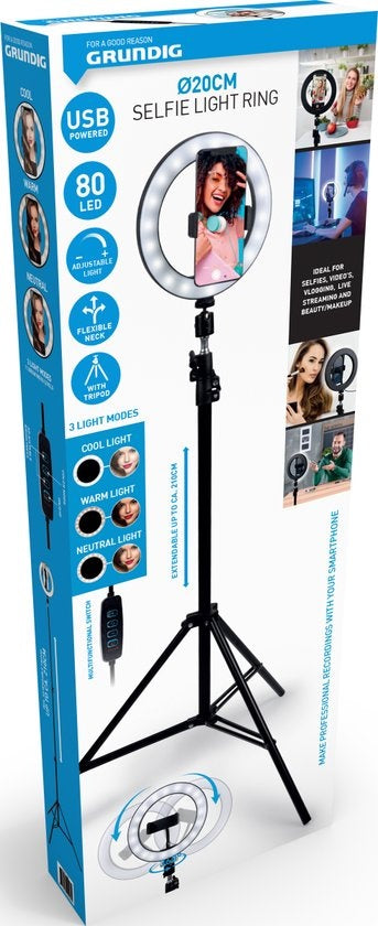 Grundig Ringlamp met Statief en Telefoonhouder - Verstelbaar tot 210cm - Geschikt voor TikTok en YouTube - 3 Lichtstanden