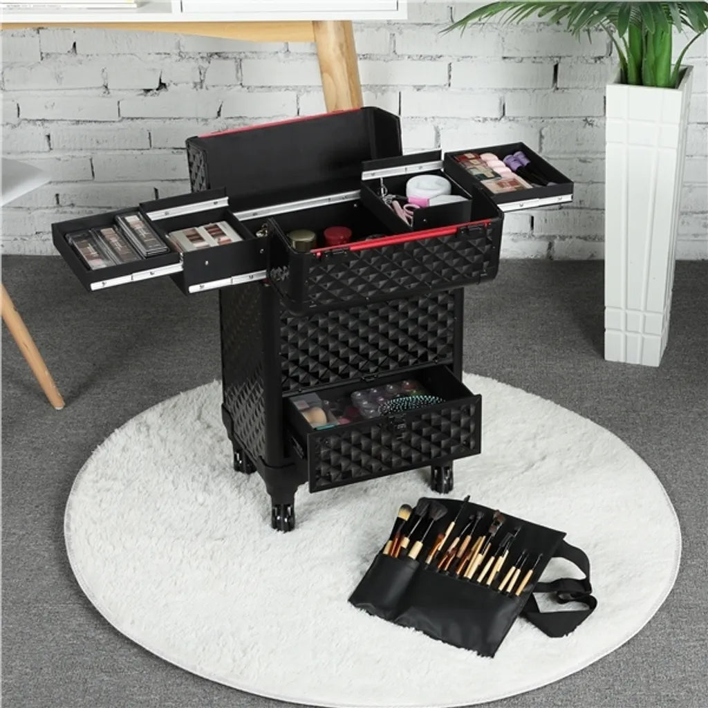 Yaheetech Trolley Make-up Koffer met Lade en Telescoopgreep - Zwart/Zilver - 34,5 x 24,5 x 55,5 cm