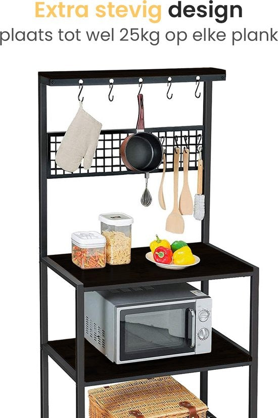 Goliving Keukenkast – Keukenrek Staand – Magnetronkast – Organizer – Metaal – Hout – 84 x 40 x 170 cm – Zwart