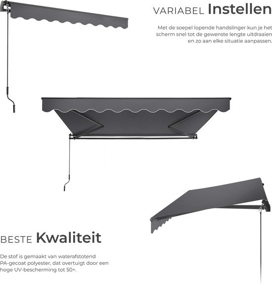 tectake® Zonnescherm met Knikarm - 300 x 250 cm - Zonneluifel - Zonwering voor Raam, Balkon, Buiten - Te Monteren aan Muur - Water- en UV-Bestendig - Donkergrijs