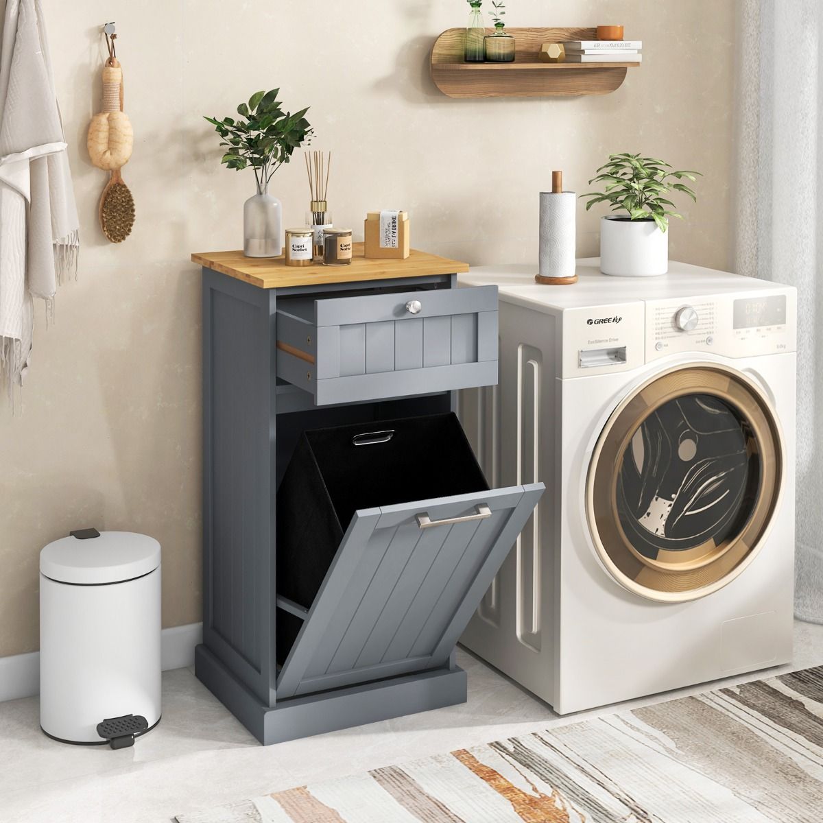 Coast Kledingkast met wasmand - lade en opbergruimte - bamboe en MDF - wit en naturel - 40 x 37 x 82 cm