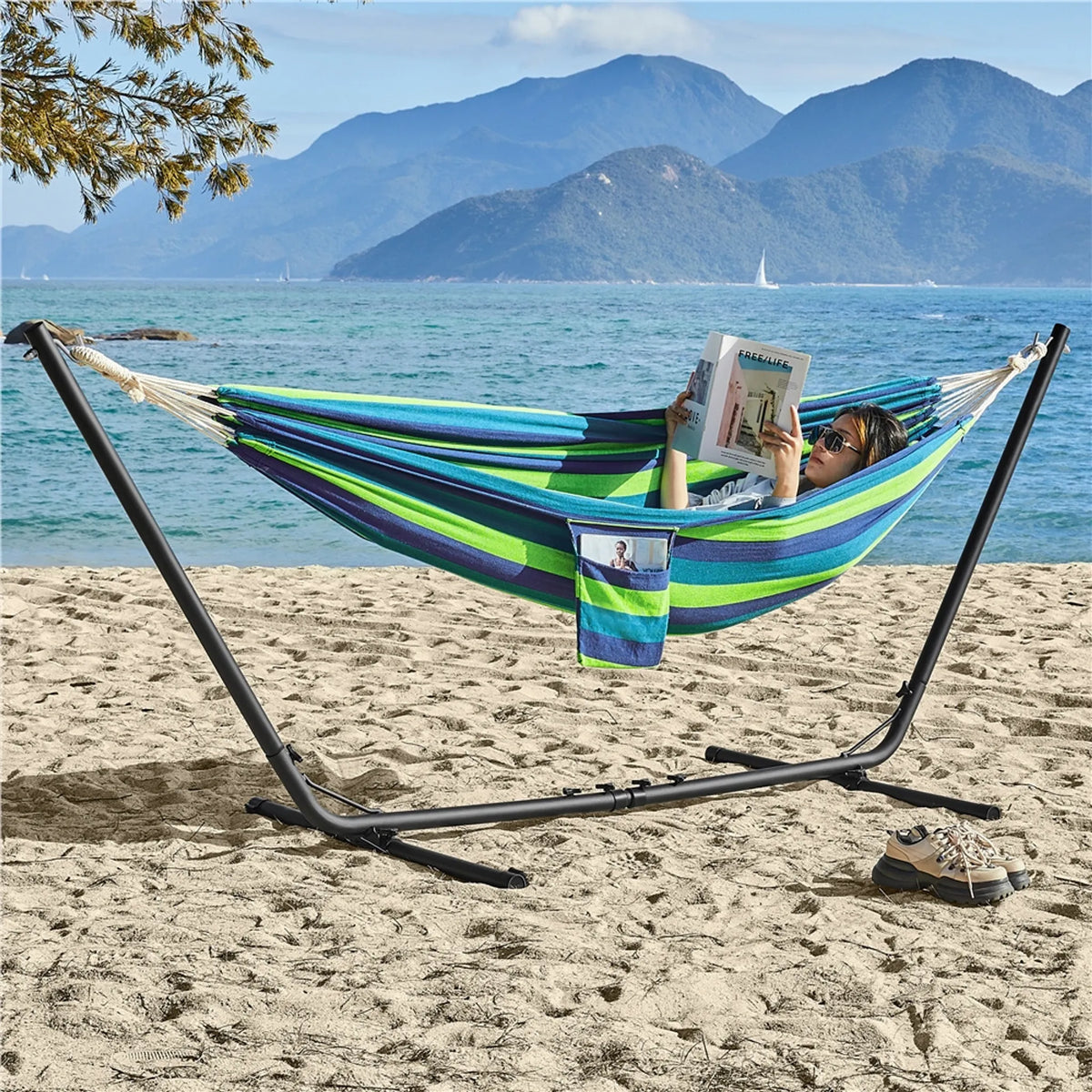 Yaheetech Hangmat met Standaard - Blauw Groen Gestreept - 2-3 Personen, Tot 205 kg