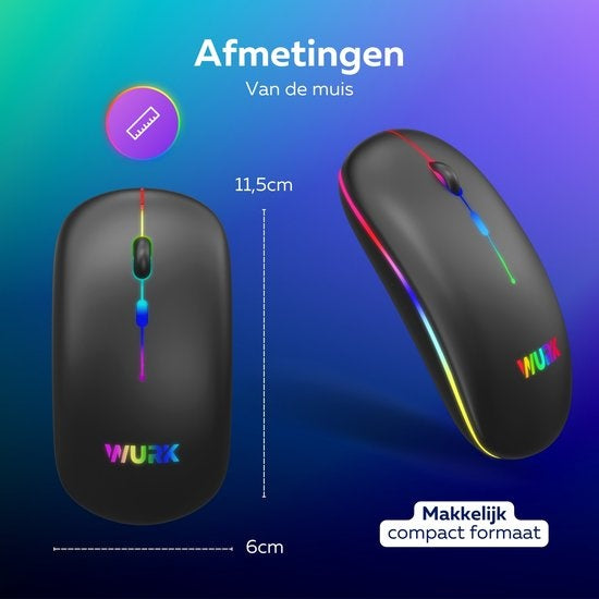 Wurk Draadloze RGB Muis – Oplaadbaar – Bluetooth 4.0 – 2.4GHz – USB – Draadloos – Computermuis – Laptop – PC – Zwart