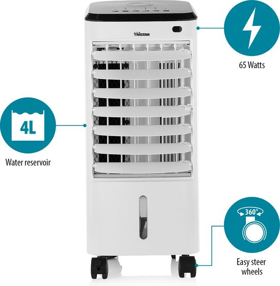 Tristar Mobiele Aircooler 4 L – Met Afstandsbediening & Timer – Zwenkwieltjes – Koelelementen – Verstelbaar – AT‑5446 – Wit