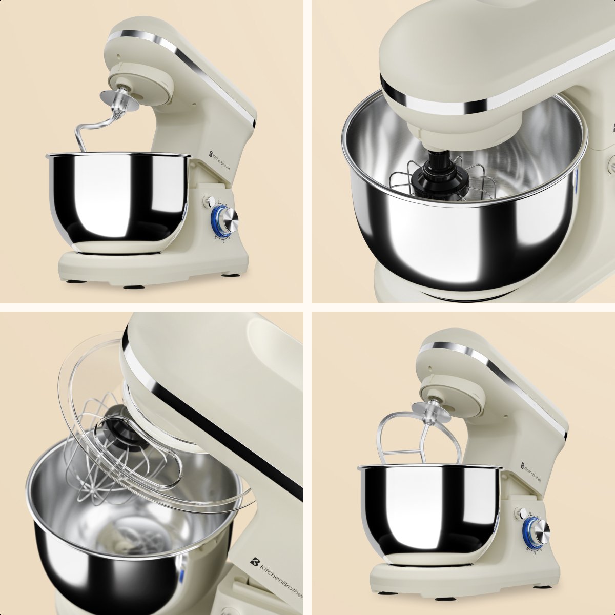KitchenBrothers Keukenmachine – 1200W – 5L Mengkom – 6 Snelheden + Pulse – Keukenrobot met Kneedhaak, Garde & Menghaak – Champagne