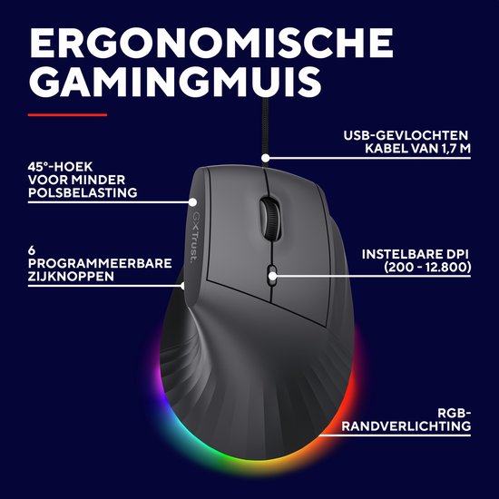Trust GXT 145 Rexxa - Gaming Muis - Bedraad - 12.800 DPI - RGB Verlichting - Ergonomisch Verticaal - Zwart