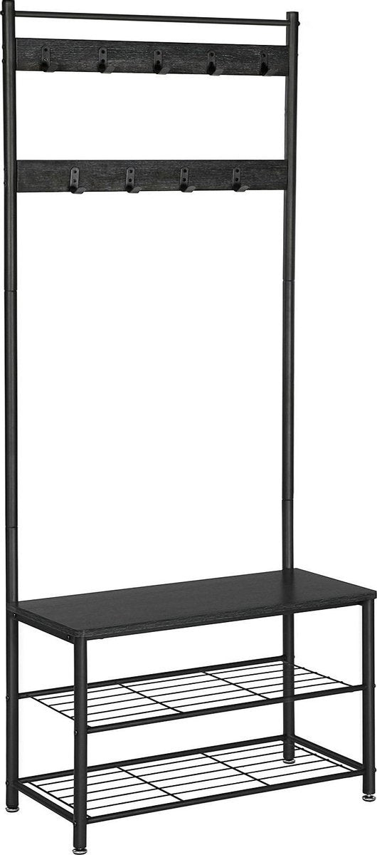 O'DADDY® kapstok staand - kapstok met schoenenrek - 9 haken 2 laags schoenenrek 6 paar - garderoberek - 70 x 32 x 175 cm - kapstok zwart / donkergrijs