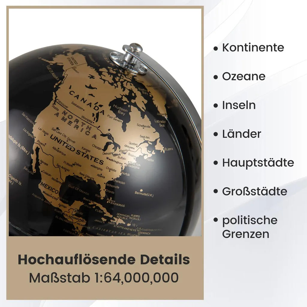 Coast Wereldbol 20 cm - Zwart/Goud - 360° Draaibaar - Met Metalen Standaard - 21 x 21 x 27 cm