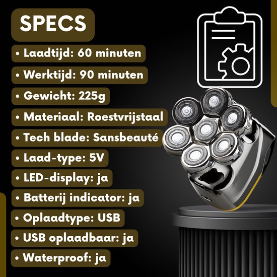 6-in-1 Scheerapparaat Mannen – Trimmer - Sansbeauté® SkullSharp V2 | 7 Head - Nat & Droog - Electric Face Head & Hair Shaver – Hoofd Kaal Scheren - Opzetstukken - Elektrisch