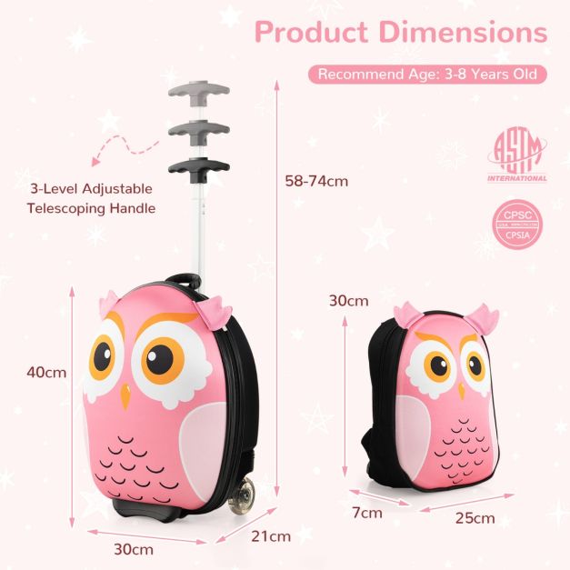 2-Delige Kinderkofferset met 40 cm Kinderkoffer & 30 cm Rugzak Rollende Koffer Reistrolleykofferset voor Kinderen - Roze - Uil