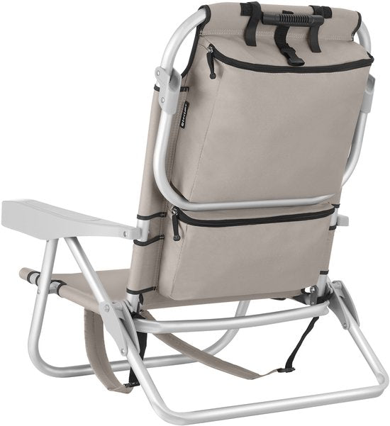 tectake® Strandstoel Coral - Opvouwbare Campingstoel met Koeltas en Opbergtas - 5-voudig Verstelbare Rugleuning met Hoofdkussen - Brede Armleuningen met Bekerhouder / Telefoonhouder - Inklapbare Kampeerstoel - Beige