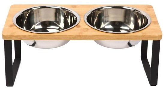 Ceruzo Dubbele Voerbak - Kleine Honden - RVS - Bamboe-Metaal Standaard -33x15x12.5 cm