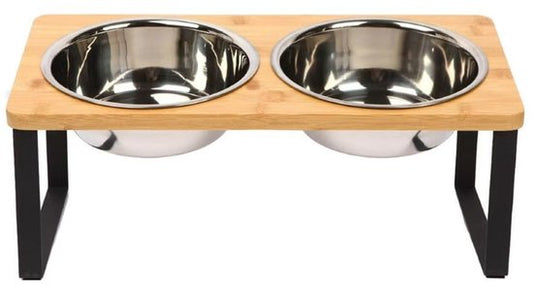 Ceruzo Dubbele Voerbak - Kleine Honden - RVS - Bamboe-Metaal Standaard -33x15x12.5 cm