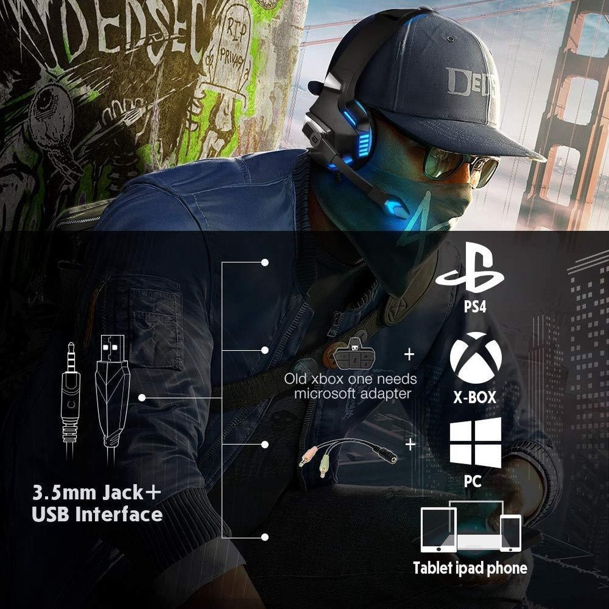 Hunterspider V3 Gaming headset - Zwart/Blauw - Geschikt voor PS4, Xbox One & Windows