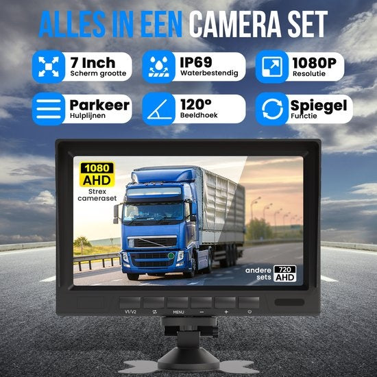 Strex Achteruitrijcamera Set Bedraad Met 2 Camera's (tegelijk bekijken) - HD 1080P - 7" Scherm - 18LED Nachtzicht 15m - IP69 Waterdicht - Achteruitrij Camera
