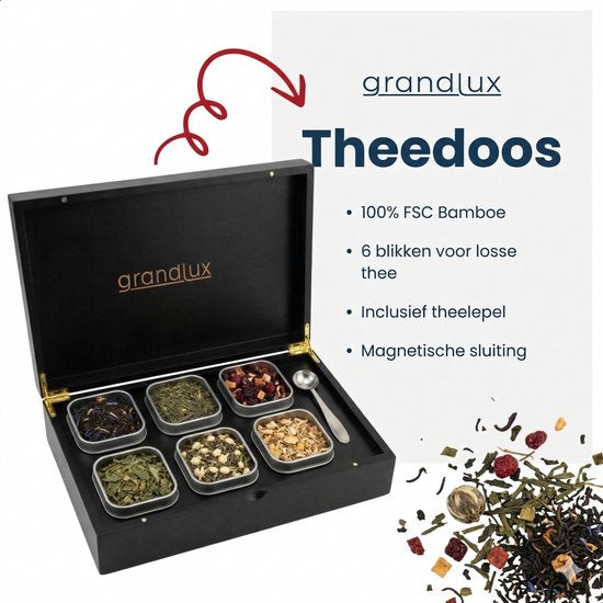Grandlux Theedoos 6 vaks – Theedoos Losse Thee – RVS Lepel – 100% FSC Bamboe – 6 Theeblikken – Thee Organiser – Theebox – Zwart
