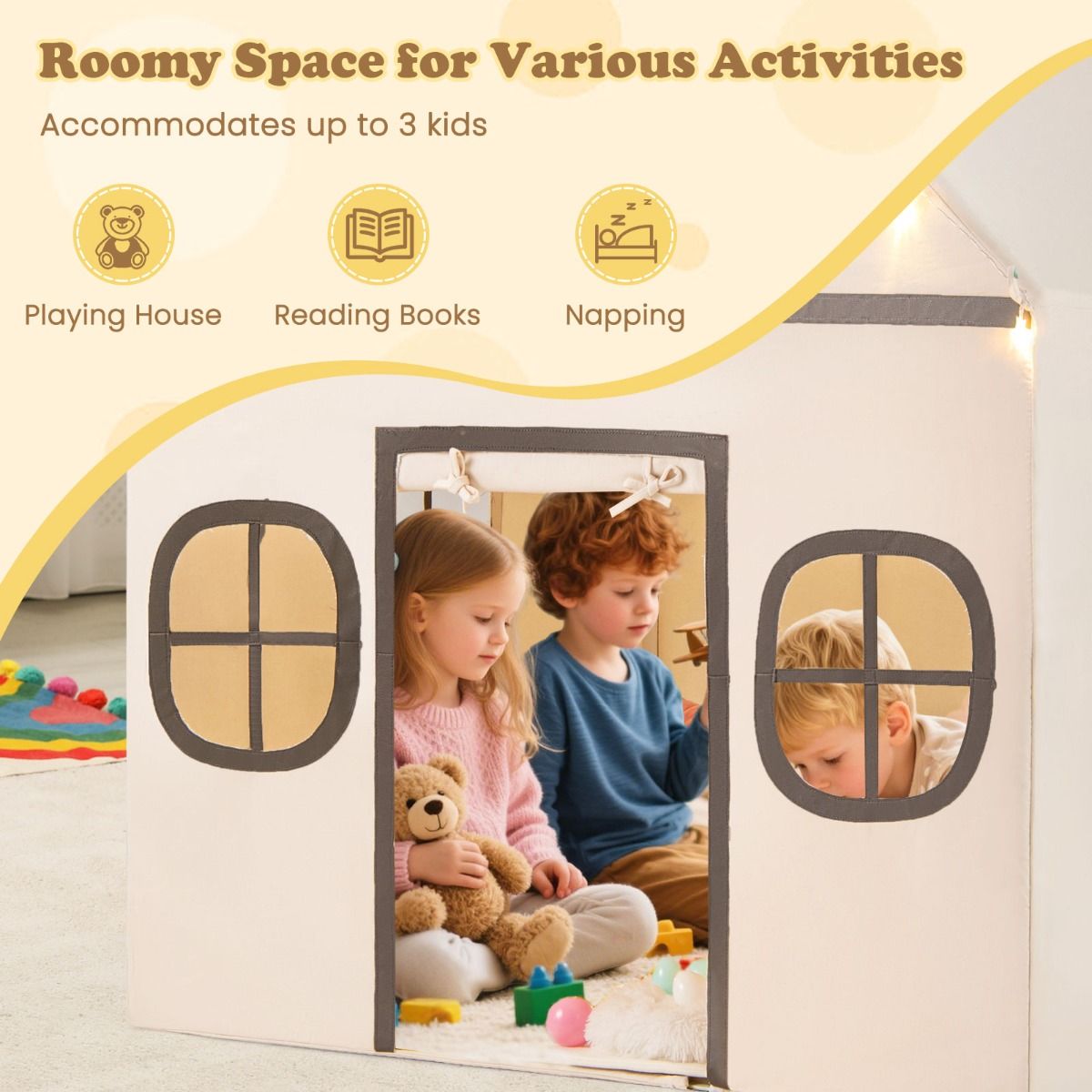 Coast Kinderspeeltent met Sterrenlampjes en Gevoerde Mat - Beige/Bruin - 120 x 101 x 143 cm