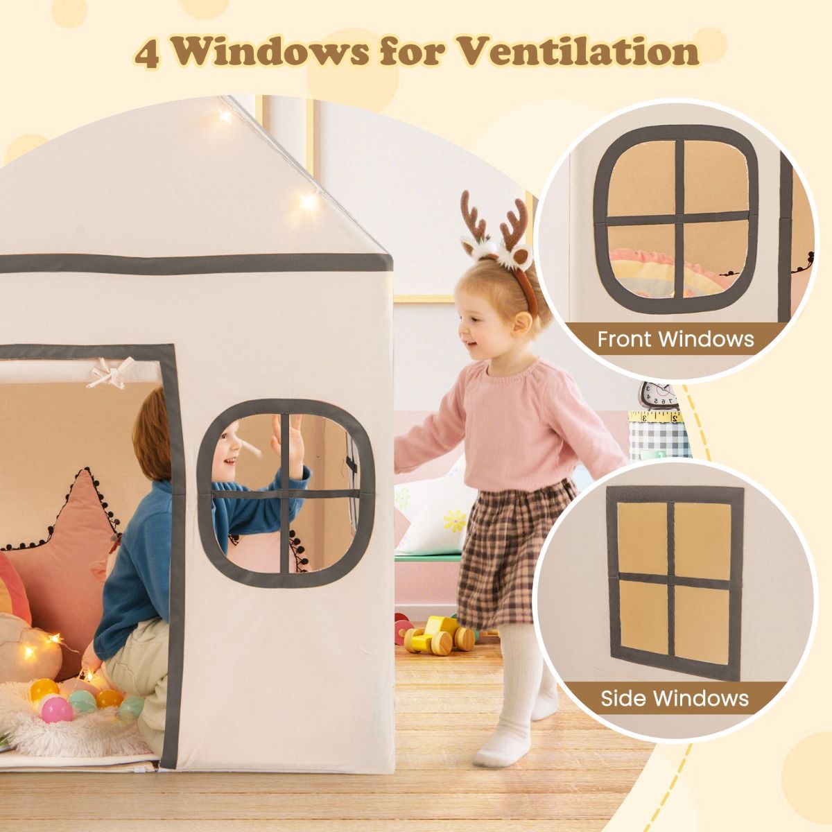 Coast Kinderspeeltent met Sterrenlampjes en Gevoerde Mat - Beige/Bruin - 120 x 101 x 143 cm
