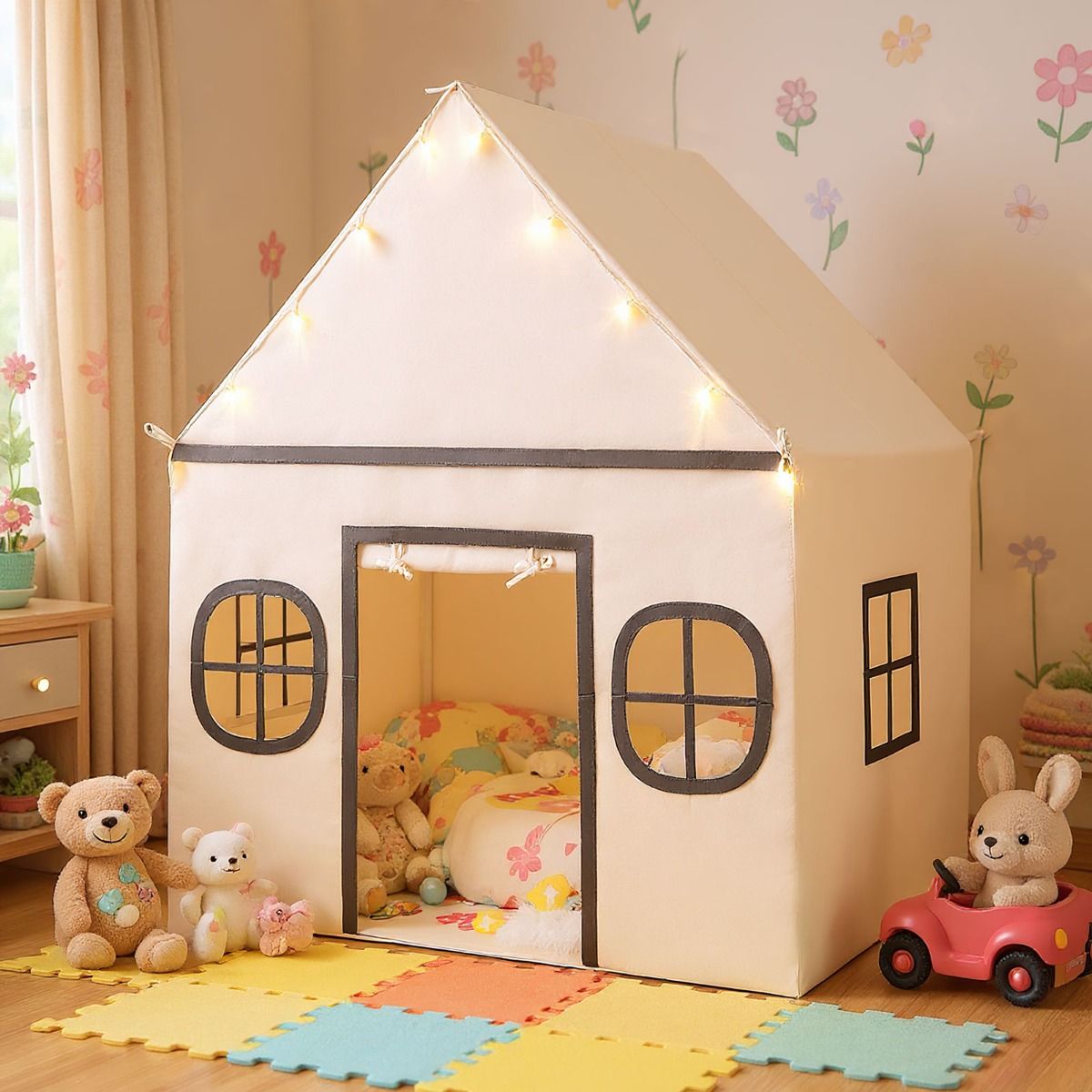 Coast Kinderspeeltent met Sterrenlampjes en Gevoerde Mat - Beige/Bruin - 120 x 101 x 143 cm