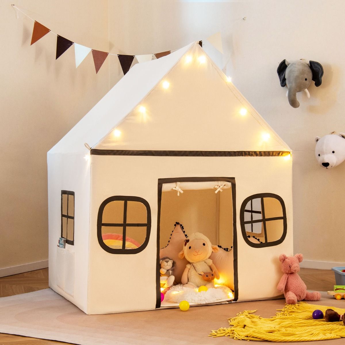 Coast Kinderspeeltent met Sterrenlampjes en Gevoerde Mat - Beige/Bruin - 120 x 101 x 143 cm
