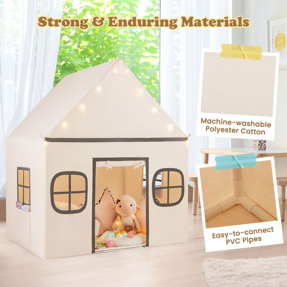 Coast Kinderspeeltent met Sterrenlampjes en Gevoerde Mat - Beige/Bruin - 120 x 101 x 143 cm