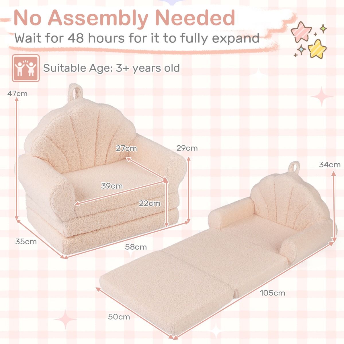 Coast Opklapbare Kinderbank - 2-in-1 Fauteuil en Ligbed - Teddyfluweel - Beige/Roze