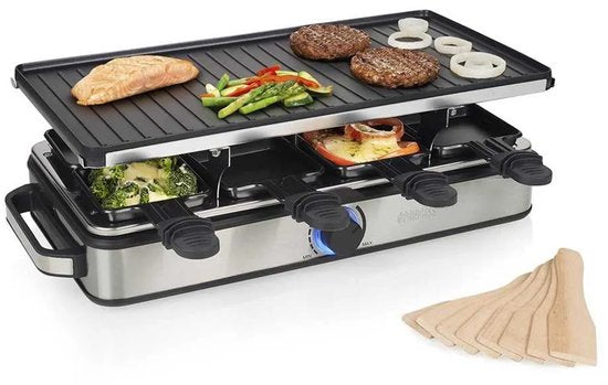 Princess Gourmetstel 162645 - Raclette 8 Personen - Regelbare thermostaat - 1400W - 2 meter snoer - Omkeerbare Bakplaat - 8 pannetjes - RVS