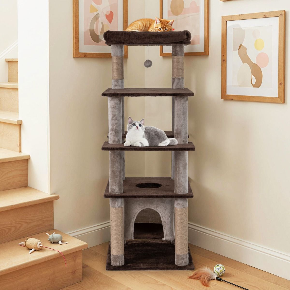 Coast Krabpaal voor katten - meerdere niveaus - schommelend kattenhuis - pluche ligbed - bruin - 56 x 56 x 148 cm