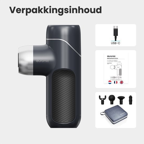 Auronic Massage Gun - Massage Apparaat - Professioneel - 4 Opzetstukken en Koffer - Massage Pistool - Hele Lichaam - Donker Grijs