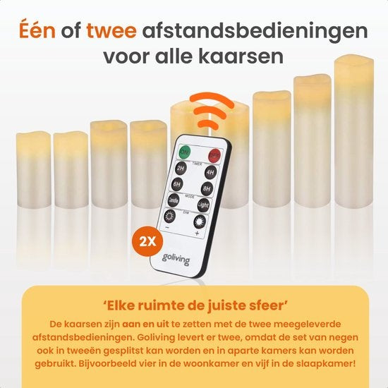 Goliving Led Kaarsen Met Afstandsbediening - Bewegende Vlam - Echte Wax - 2x Afstandsbediening - Set van 9