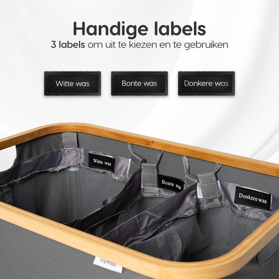 Dymac Wasmand 145 Liter | 3 Compartimenten | Bamboe Wassorteerder | Met 3 uitneembare waszakken | Wasmand 3 vakken | Wasmand met deksel | Grijs