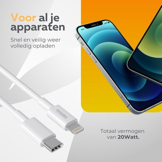Wurk - Oplader - Geschikt voor iPhone, Airpods en iPad - 20W Snellader - Oplaadkabel van 3M