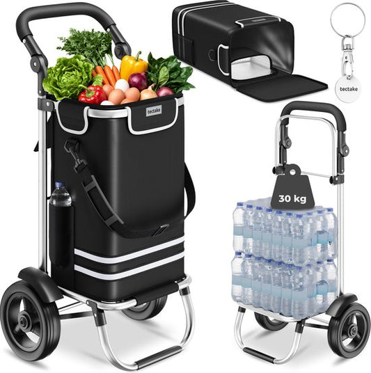 tectake® 3-in-1 Boodschappentrolley met Koelvak - Opvouwbaar - 56L Inhoud - Boodschappenwagen - Boodschappenkar - Ook als Steekwagen en Boodschappentas - Met Sleutelhanger en Winkelwagenmunt - Zwart