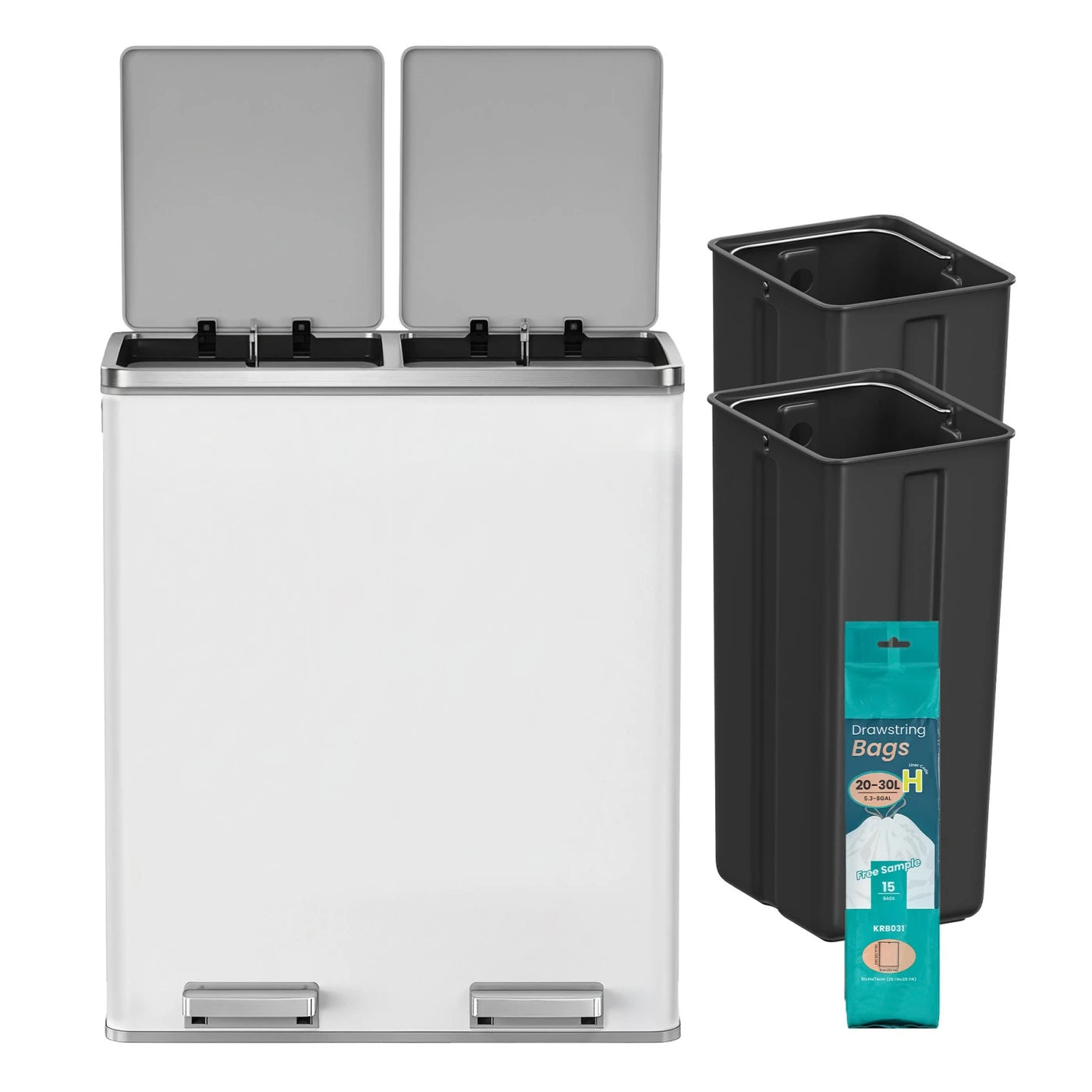 Ochama Afvalbak met 2 Compartimenten 2 x 30 L - RVS - Zacht sluitend - Zilver
