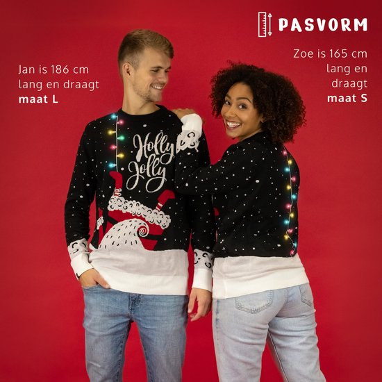 JAP Christmas Kersttrui met lichtjes (maat XL) - 100% Gerecycled - Kriebelt niet - Kerstcadeau volwassenen - Foute Kersttrui dames en heren - Holly Jolly - Zwart