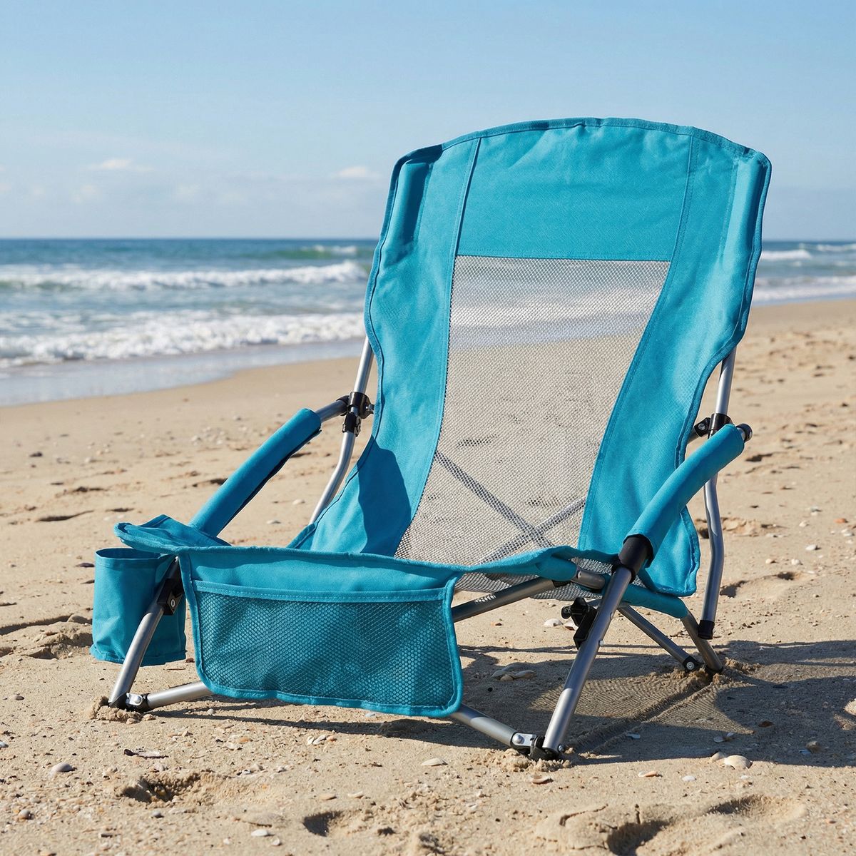 Coast Opvouwbare Strandstoel - ademend netstof - met armleuningen en bekerhouder - blauw