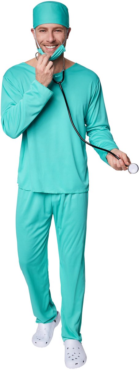Dressforfun - Herenkostuum Chirurg - Volledig artsenkostuum met broek, bovenstuk, mondmasker & hoofddeksel voor Carnaval, Halloween & Feest - Maat M