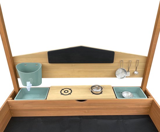 AXI Meli Zandbak & Speelhuisje 120 x 120 cm met Speelkeuken – Bruin - Met Dak – FSC hout – Met Krijtbord, Watertank en 6-delig Speelgoed Kookset – Met 2 Bankjes - Inclusief gronddoek – 10 jaar garantie
