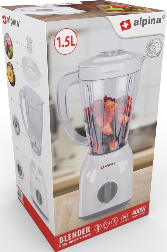 alpina Blender - 1,5 Liter - 400 Watt - Turbofunctie - Kunststof Kan - Wit