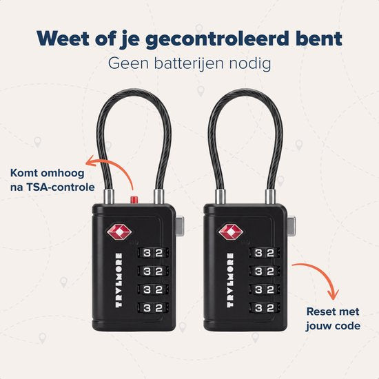 TRVLMORE Kofferslot met Kabel - TSA Gecertificeerd - Alarmfunctie - 4-Cijferig - 2 Stuks - Zwart