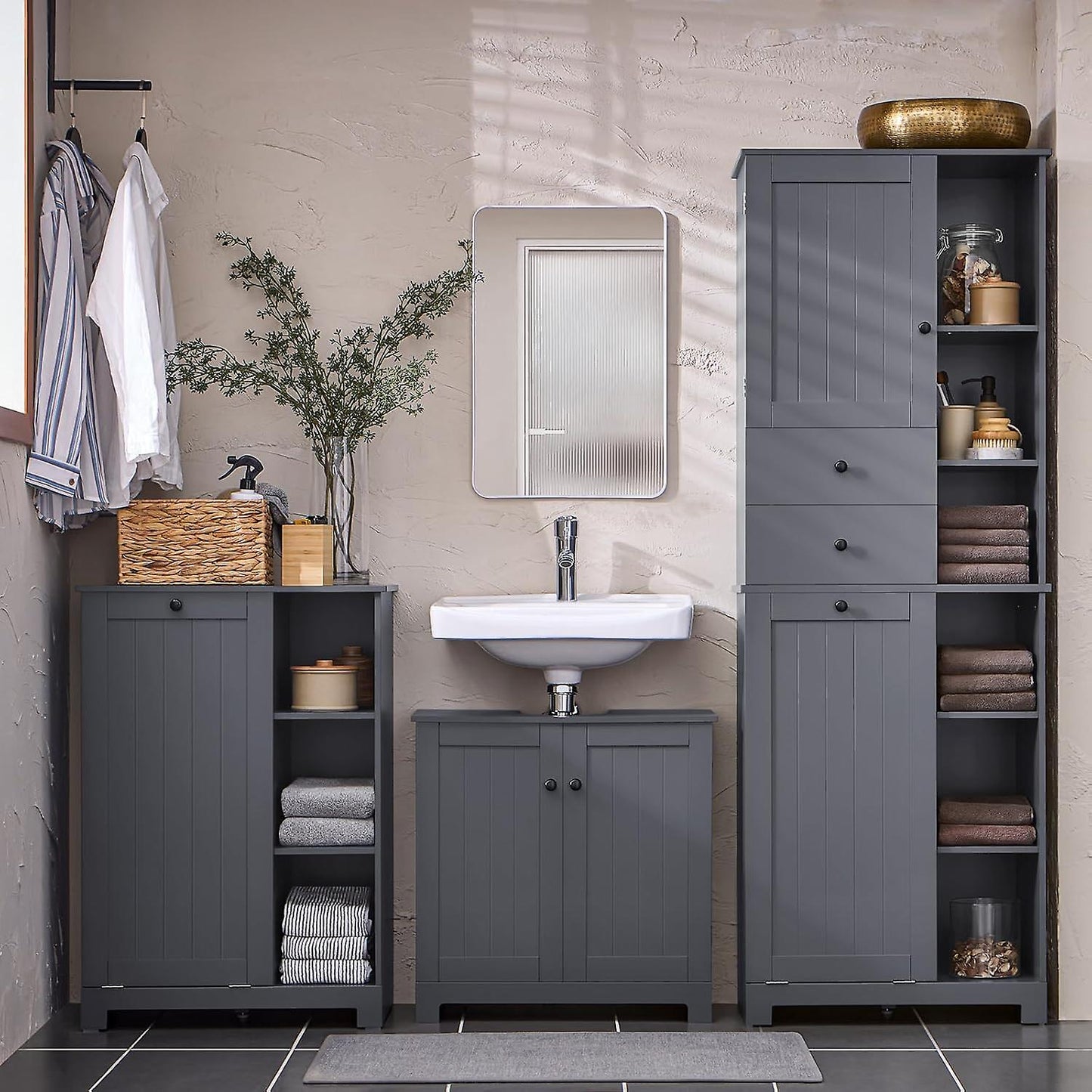 Sobuy Badkamer Kast met Wasmand - Zwart - 60x37x170 cm