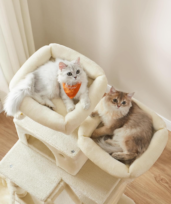 JoyFurnos Krabpaal XXL 168 cm - Kattenboom met 13 Krabpalen, 2 Kattenholen, Hangmat en Mand - Beige