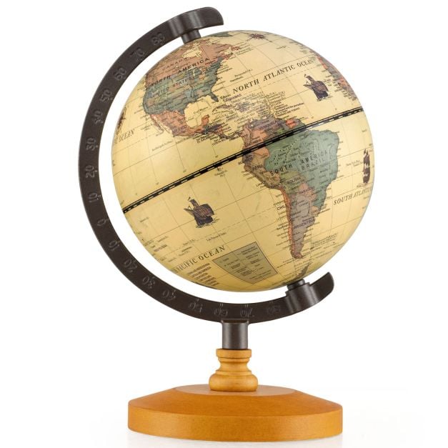 Coast Wereldbol Brons – Mini Globe met Metalen Frame en Houten Standaard – Ø14 cm