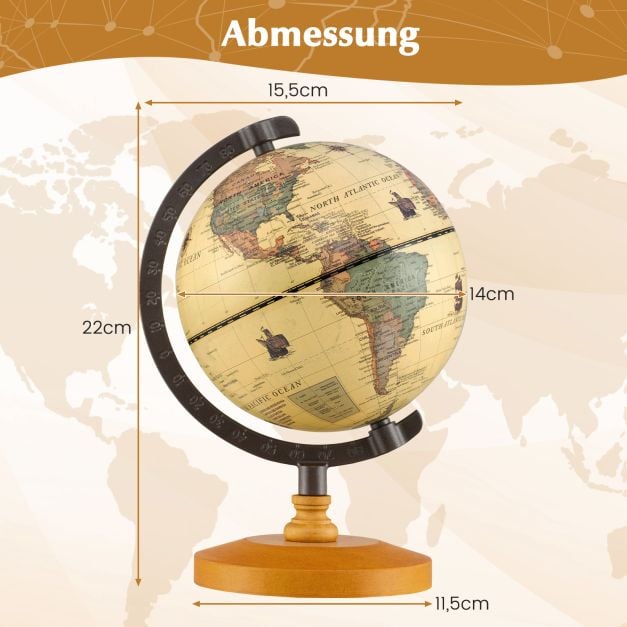Coast Wereldbol Brons – Mini Globe met Metalen Frame en Houten Standaard – Ø14 cm