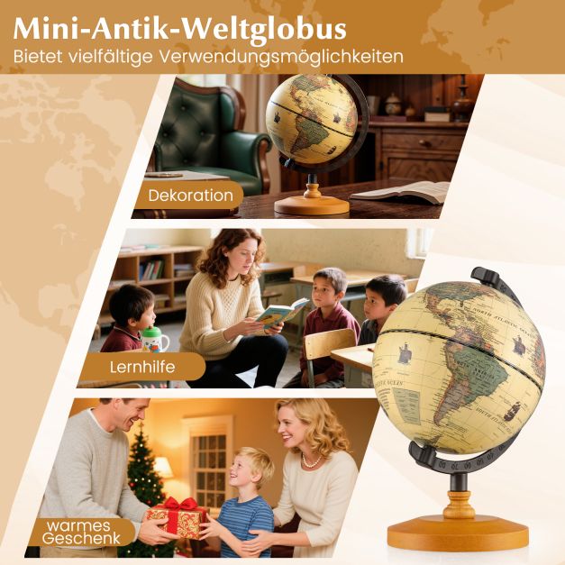 Coast Wereldbol Brons – Mini Globe met Metalen Frame en Houten Standaard – Ø14 cm