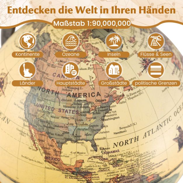 Coast Wereldbol Brons – Mini Globe met Metalen Frame en Houten Standaard – Ø14 cm