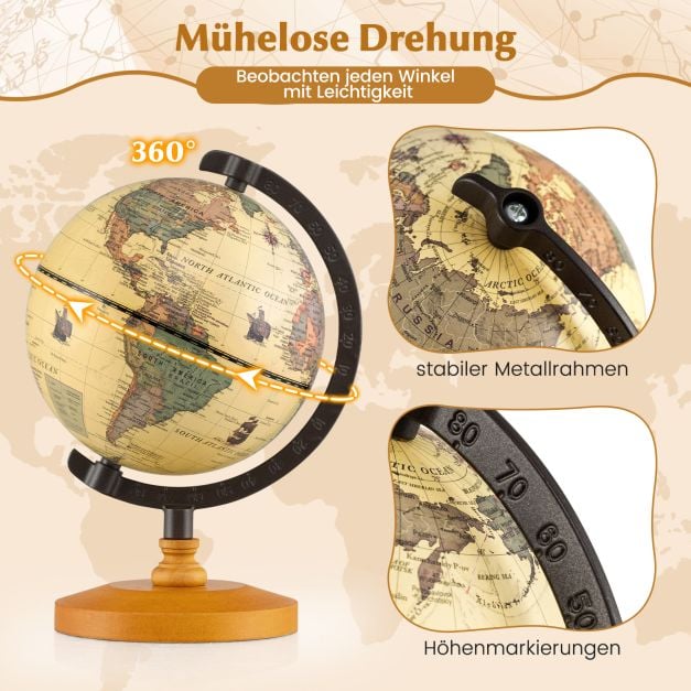 Coast Wereldbol Brons – Mini Globe met Metalen Frame en Houten Standaard – Ø14 cm